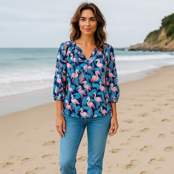 (1112) Crown and Ivy blouse with flamingo print nwt, Large - Picture 1 of 6